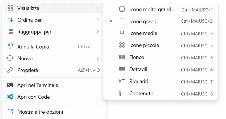 Tasto destro su uno spazio vuoto, sottomenu Visualizza con le scorciatoie Ctrl+Maiusc+1…8