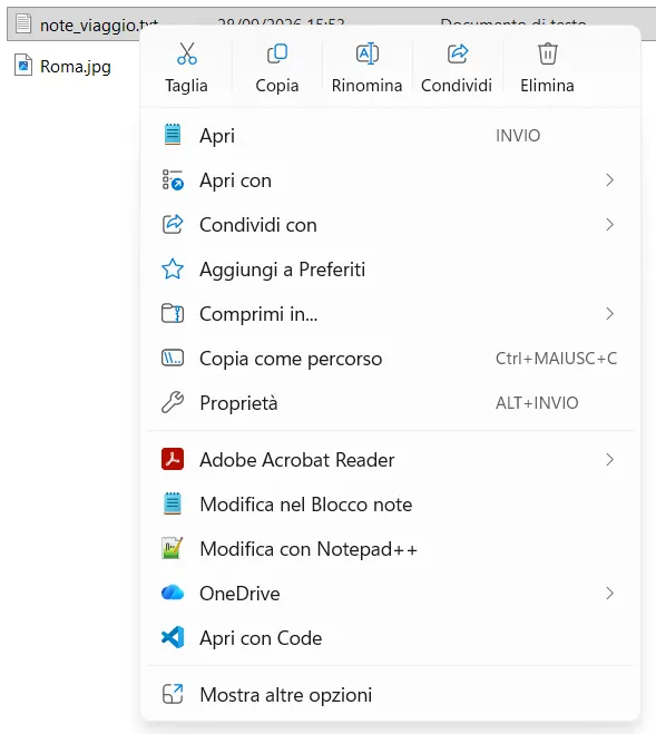 Menu del tasto destro di Windows 11 su note_viaggio.txt con le icone Taglia, Copia, Rinomina, Condividi, Elimina