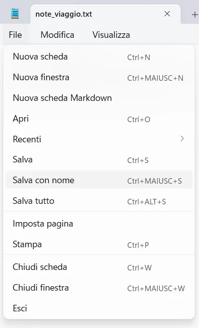 Blocco note, menu File con Salva con nome evidenziato