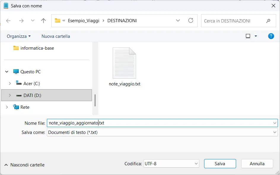 Finestra Salva con nome aperta sulla cartella DESTINAZIONI, nome file note_viaggio_aggiornato.txt