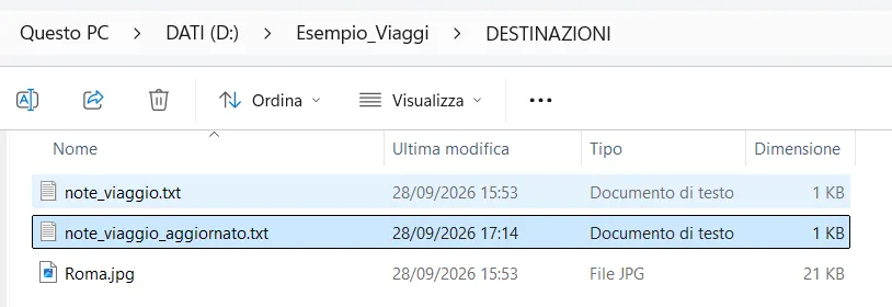 Cartella DESTINAZIONI con note_viaggio.txt, note_viaggio_aggiornato.txt e Roma.jpg
