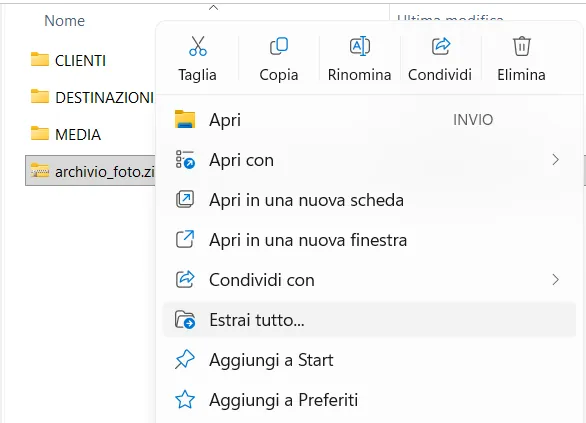 Tasto destro su archivio_foto.zip con la voce Estrai tutto
