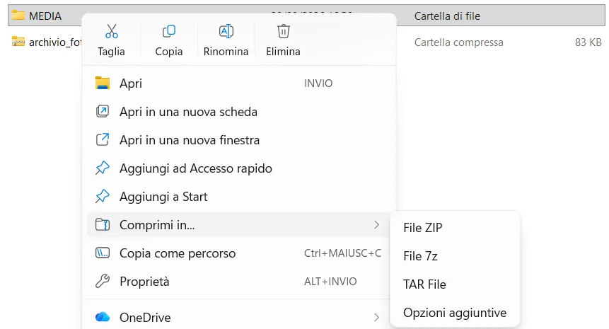 Tasto destro sulla cartella MEDIA, Comprimi in, File ZIP