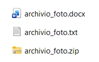 Gli stessi tre file con le estensioni visibili: archivio_foto.docx, archivio_foto.txt, archivio_foto.zip