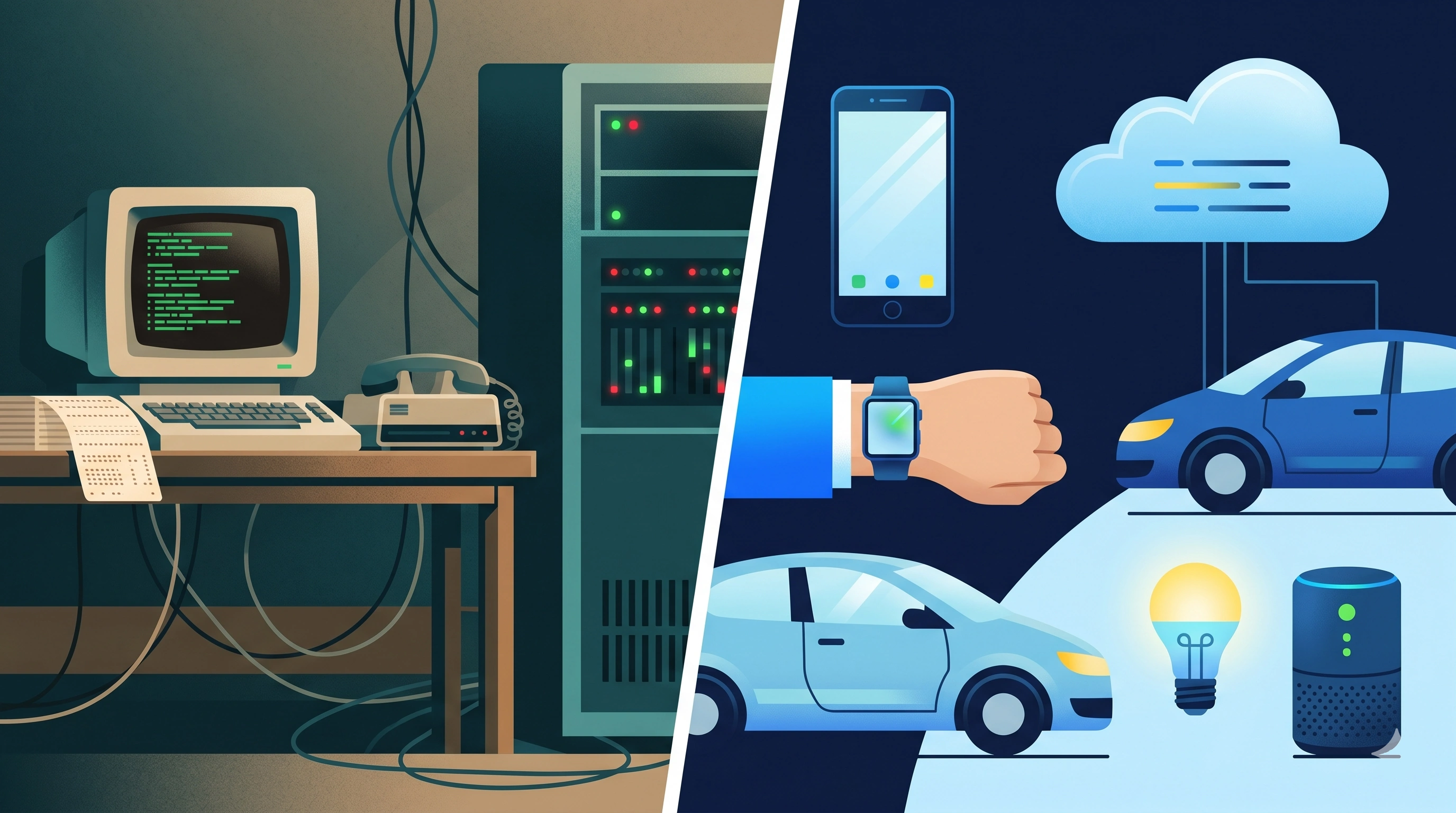 Confronto illustrato tra Internet del 1983 — terminale, modem acustico, mainframe — e Internet di oggi, con smartphone, smartwatch, auto connesse e dispositivi smart home