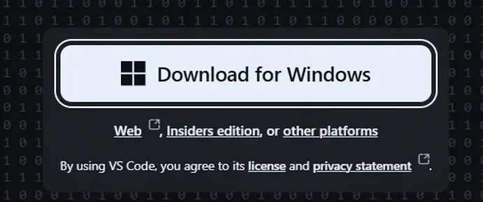 Pagina di download di Visual Studio Code — pulsante 'Download for Windows'