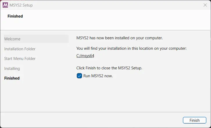 Schermata finale installazione MSYS2 con la spunta 'Run MSYS2 now' attiva