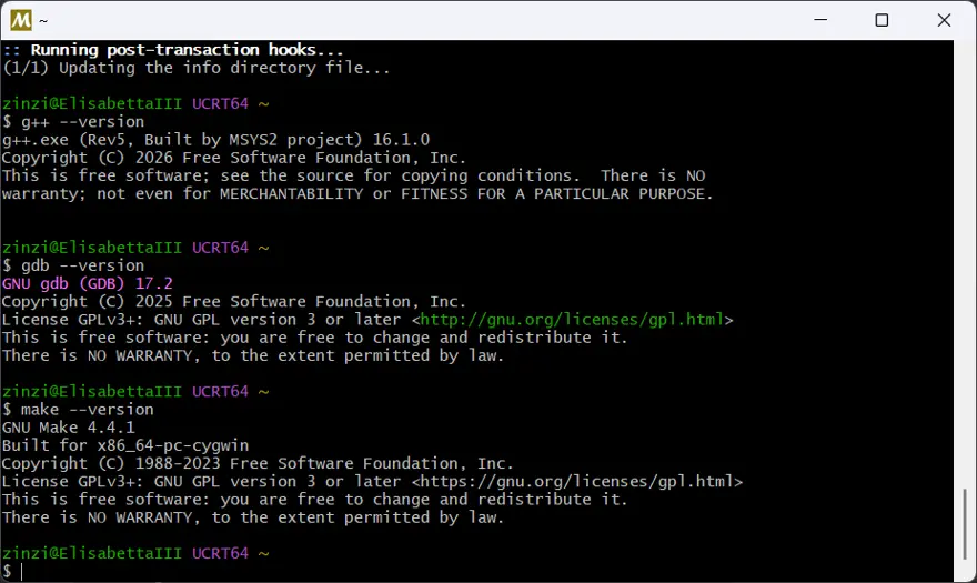Terminale MSYS2 con l'output di g++ --version, gdb --version e make --version