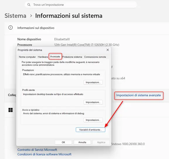 Finestra Proprietà del sistema con il pulsante Variabili d'ambiente