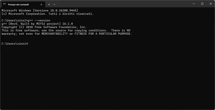 Prompt dei comandi Windows con l'output corretto di g++ --version