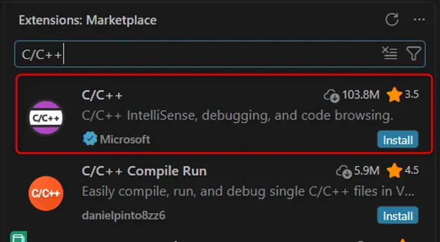 Marketplace estensioni VS Code con l'estensione C/C++ di Microsoft