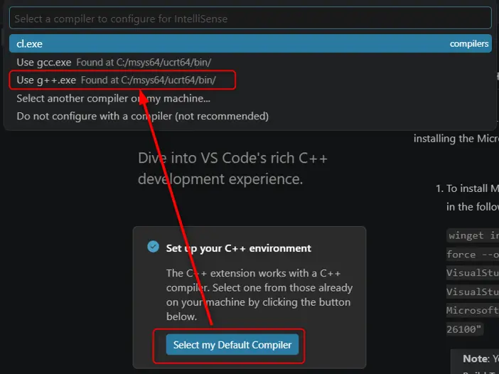 VS Code — dialogo di selezione del compilatore con g++.exe da C:/msys64/ucrt64/bin/
