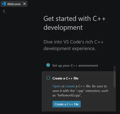 VS Code con la schermata di benvenuto per lo sviluppo C++
