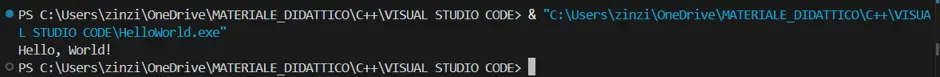 Terminale PowerShell in VS Code con l'output Hello, World!